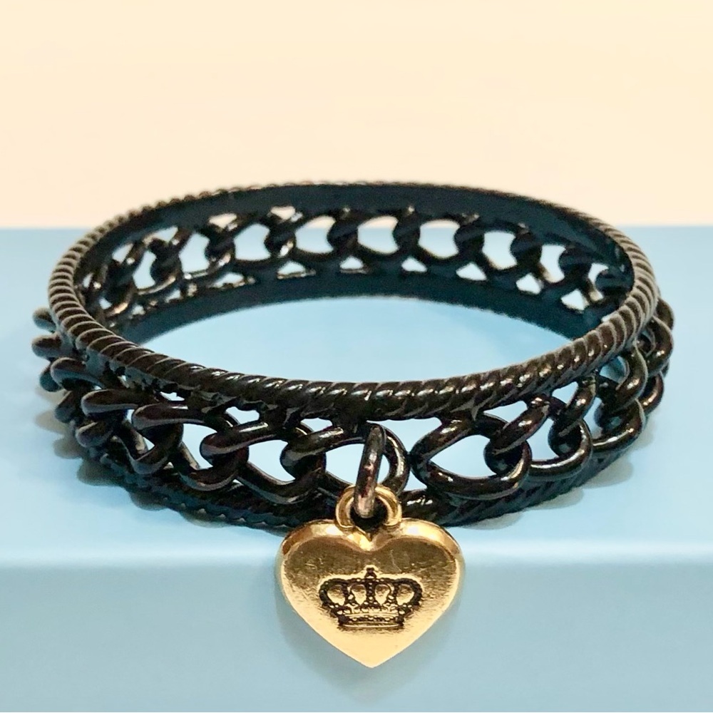 🌹🍃New Juicy Couture Y2K Metal Heart Charm Black Bangle Bracelet-Super RARE!!🍃🌹